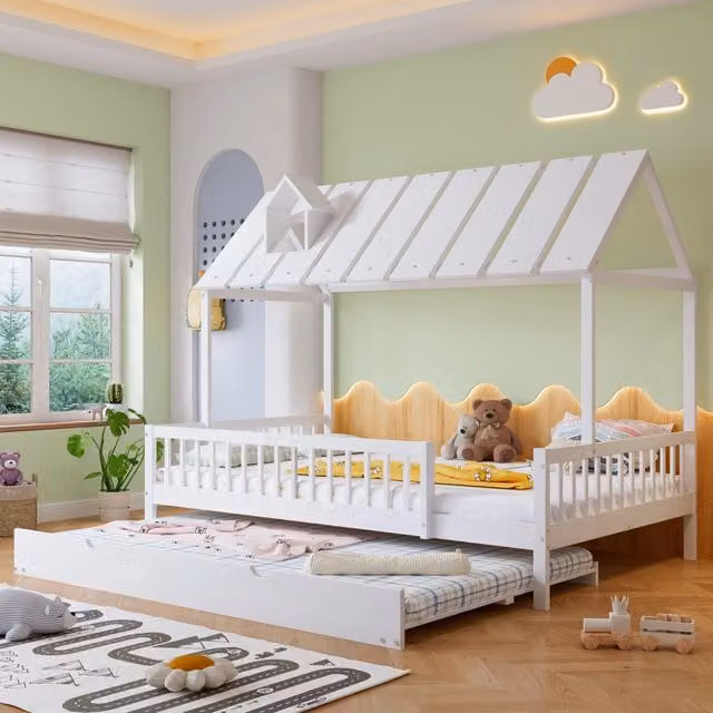 Letto a casetta con letto estraibile REDOM per bambini, colore bianco, L/P/H: 120 x 200 cm