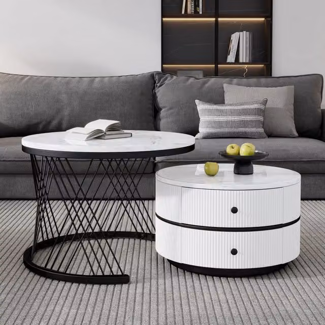 Set di tavolini da salotto nidificanti Zephmum bianchi con finitura marmo lucido e 2 cassetti, L/P/H: 60 x 60 x 46 cm e 50 x 50 x 30 cm
