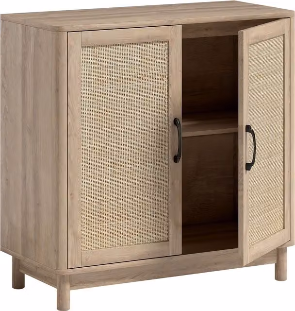 Buffet HOMCOM per soggiorno in rovere con ante in rattan e mensola regolabile, L: 76 cm, P: 35 cm, H: 75,5 cm