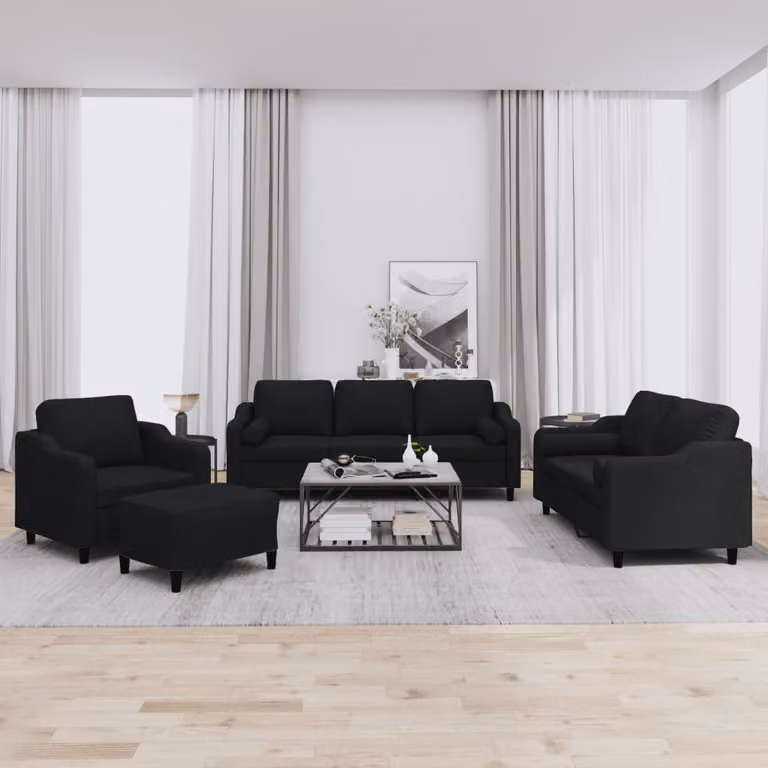 Set di Divani vidaXL 4 Pezzi Moderno in Tessuto Nero con Cuscini e Pouf per Soggiorno