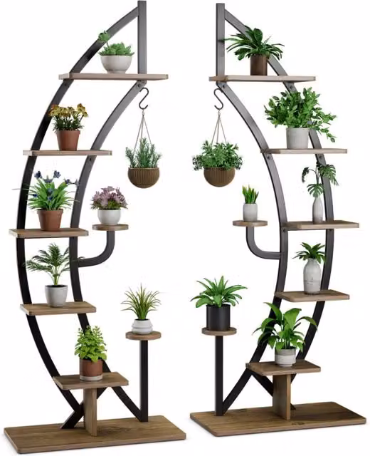 Set di 2 scaffali per piante a 7 livelli in metallo e legno nero con design a mezza luna e gancio superiore