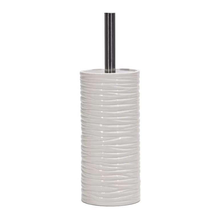 Portascopino con scopino Vestiamo Casa in ceramica bianca con finitura a rilievo effetto ondulato