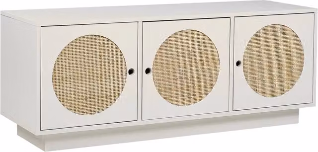 Credenza Beliani a 3 ante in legno bianco con dettagli in rattan in stile boho per soggiorno o camera da letto L: 120 cm, P: 40 cm, H: 40 cm