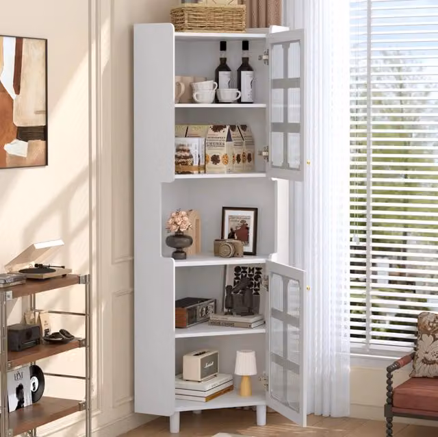 Credenza angolare moderna bianca con finitura laccata e illuminazione LED integrata L/P/H: 63.5 x 63.5 x 157.5 cm