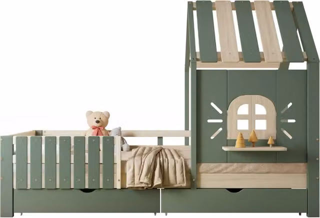 Letto per bambini Chicfurn con struttura a casetta, 2 cassetti e barriera su 4 lati, colore verde, L/P/H: 204 x 90 x 152 cm