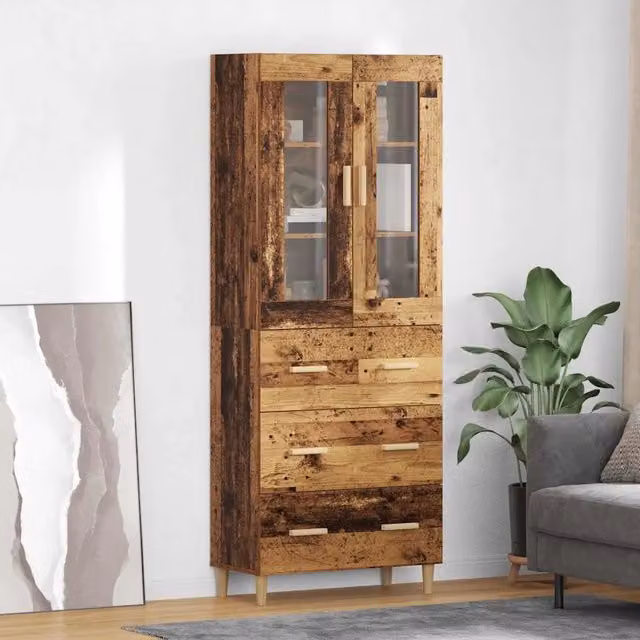 Credenza moderna vidaXL in legno e vetro marrone con cassetto, L: 69,5 cm, P: 34 cm, H: 180 cm