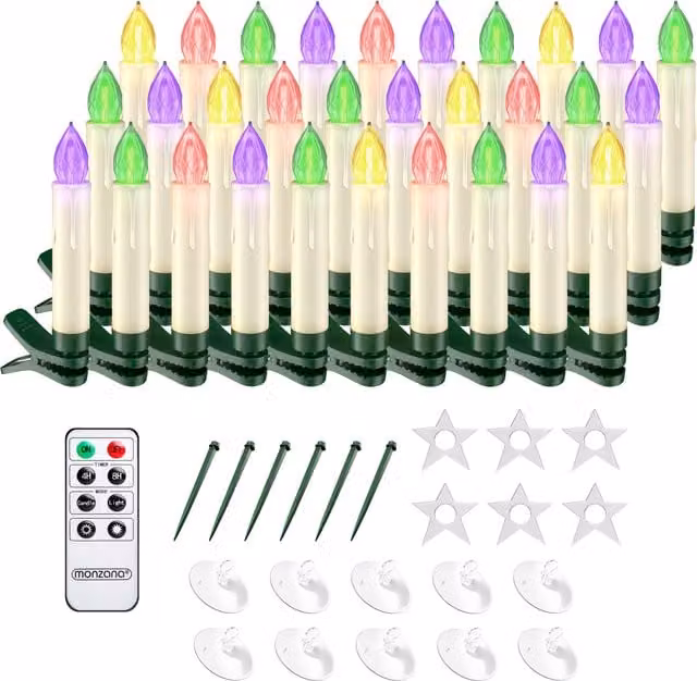 Set di 20 candele a LED Monzana® per albero di Natale con telecomando, timer ed effetto flickering, bianche e multicolore