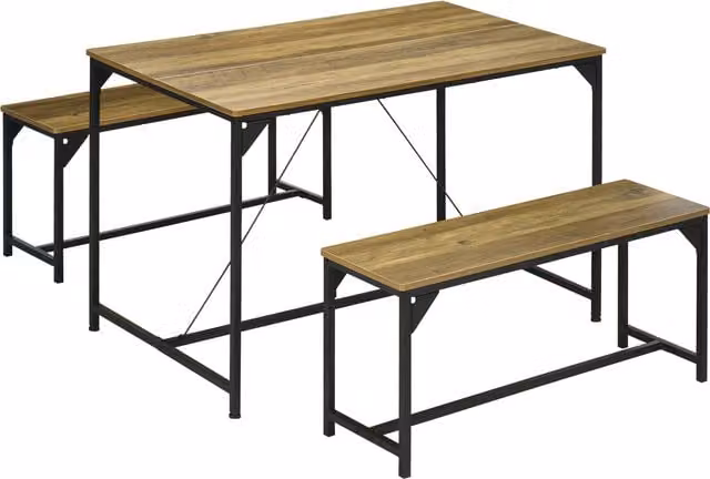 Set tavolo da pranzo e 2 panche HOMCOM in stile industriale con struttura in metallo e piano in legno, ideale per cucina o sala da pranzo, colore naturale e nero