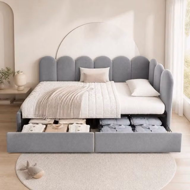 Letto singolo imbottito in velluto grigio con 2 cassetti L/P/H: 90 x 190 x 76 cm