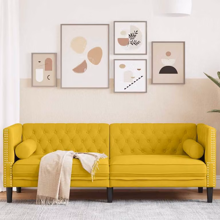 vidaXL Divano Chesterfield a 3 posti in velluto giallo con cuscini coordinati L: 194 cm, P: 74,5 cm, H: 70,5 cm