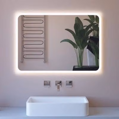 Specchio da bagno rettangolare con retroilluminazione LED e angoli tondi, L: 100 cm, H: 70 cm