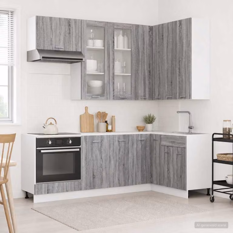 Unità cucina moderna vidaXL LYON composta da 8 pezzi in legno ingegnerizzato MDF, colore grigio, con ante in vetro e ripiani interni, modello da appendere a parete