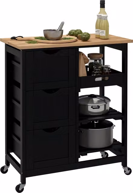 HOMCOM Carrello da Cucina Ausiliario con 3 Cassetti, 2 Ripiani Aperti e Vassoio Estraibile, Nero, L 67 cm x P 37 cm x H 85,5 cm