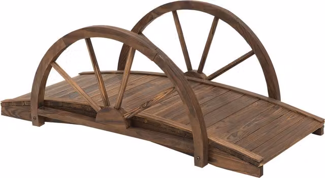 Ponte da giardino Outsunny in legno di abete marrone con design a ruota per stagno, portata massima 150 kg, L 100 x P 50 x H 37 cm