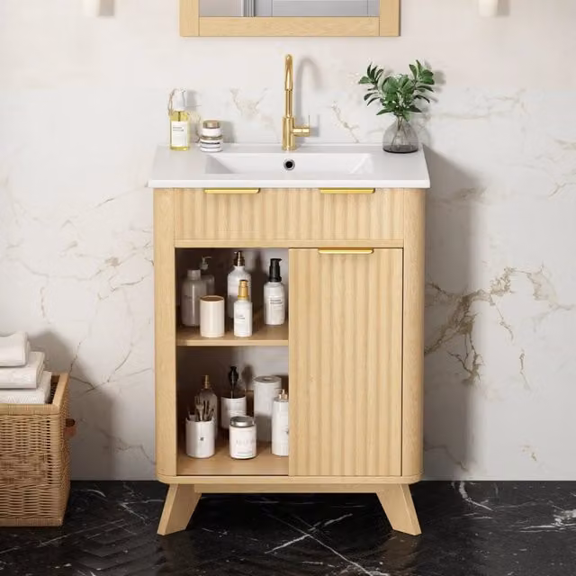 Mobile da bagno freestanding Minimal in tono legno naturale con anta a rullo e ripiani interni, L: 61 cm, H: 90 cm, P: 47 cm