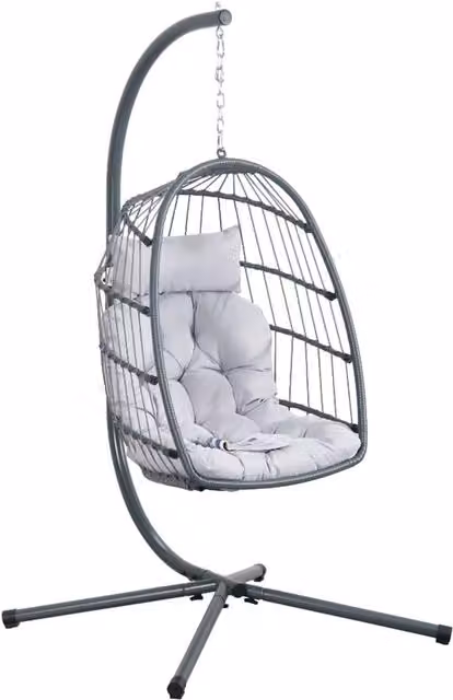 Poltrona Sospesa Egg Garden Friend in Rattan Grigio con Cuscini e Struttura in Metallo