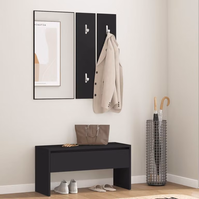 Set di mobili da corridoio moderno vidaXL in legno e MDF nero opaco con panca, specchio e pannello con ganci