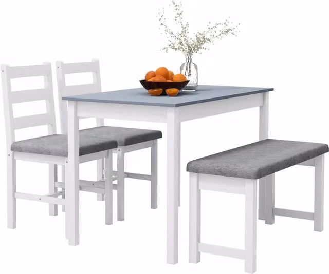 Set da pranzo HOMCOM moderno composto da 1 tavolo rettangolare, 1 panca e 2 sedie in legno di pino, colore grigio e bianco