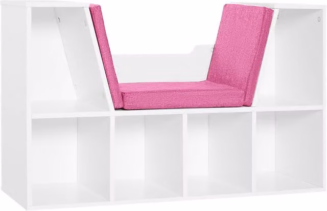 Libreria Panca 2 in 1 HOMCOM con 6 scomparti e 3 cuscini, Design Contemporaneo per Cameretta Bambini, Bianco Rosa, L 102 x P 30 x H 61 cm