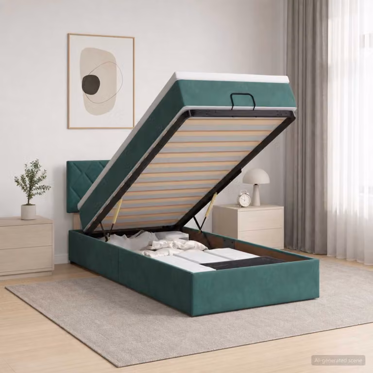 Letto ottomano con materasso vidaXL in velluto verde scuro, L/P/H: 190 x 90 x 88 cm