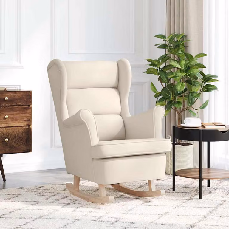Sedia a dondolo vidaXL in lino e legno di gomma, colore bianco/beige, L 74 cm x P 90 cm x H 102 cm