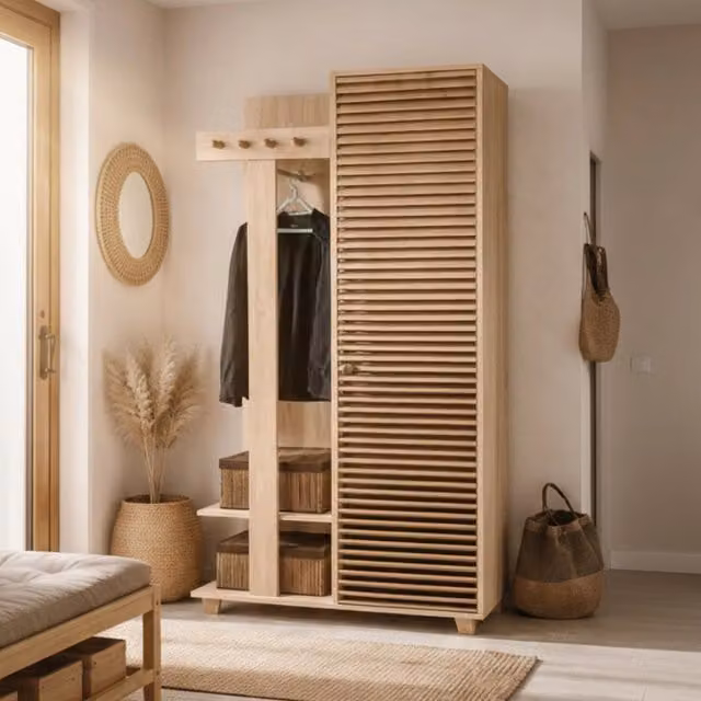 Mobile da ingresso Savina DMORA, composizione appendiabiti e consolle portaoggetti moderna in rovere, L: 90 cm, P: 36 cm, H: 194 cm