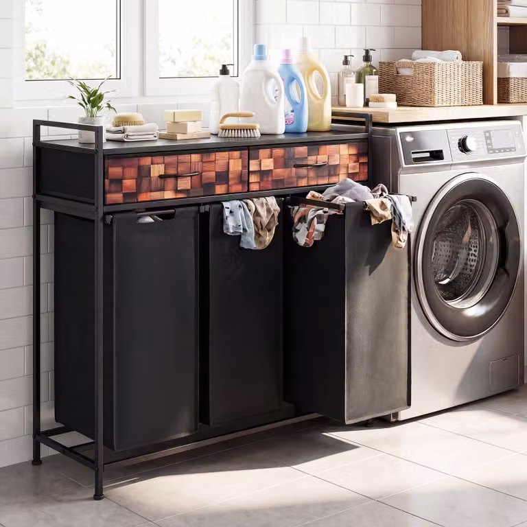 Cesto per biancheria sporca Costway da 144 l con 3 scomparti e 2 cassetti, Nero, L: 92,5 cm, P: 33 cm, H: 93,5 cm