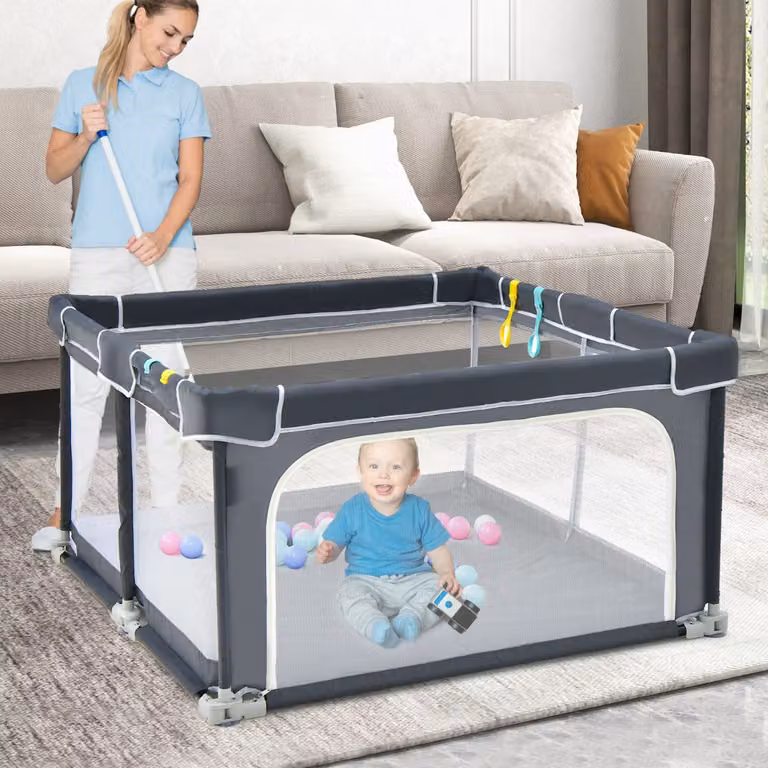 Costway Recinto per bambini pieghevole con pareti in rete traspirante e ventose antiscivolo, Grigio scuro