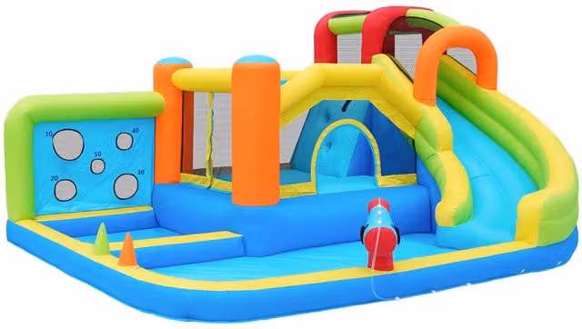 Castello gonfiabile Aosom con scivolo d'acqua, trampolini e soffiatore, Parco acquatico multifunzionale Blu e multicolore, L: 410 cm, P: 315 cm, H: 203 cm