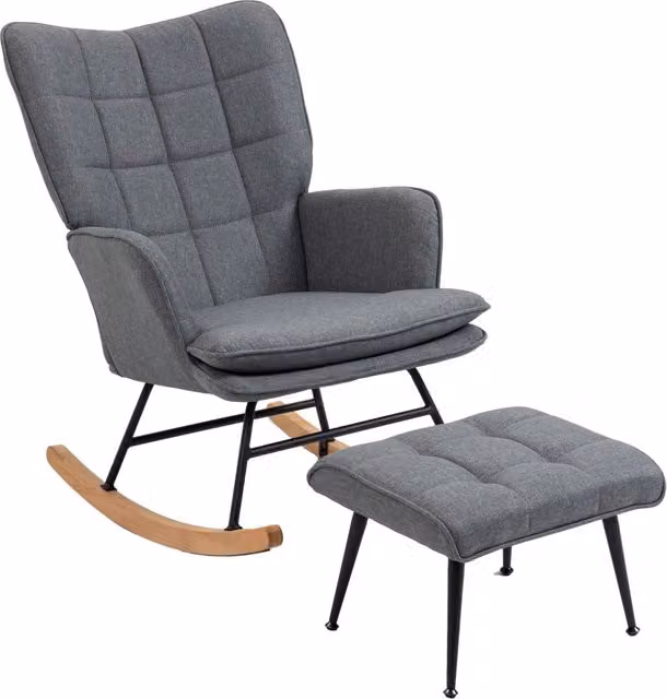 Poltrona a Dondolo con Pouf Minimal Grigia in Tessuto L/P/H: 64 x 89 x 90 cm