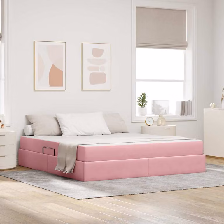 Letto con contenitore e materasso ibrido vidaXL in velluto rosa L/P/H: 160 x 200 x 43,5 cm