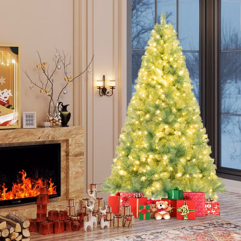 Albero di Natale artificiale Costway verde con 1300 rami folti e 550 luci LED bianco caldo, Altezza: 225 cm
