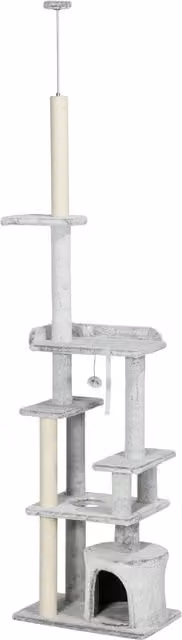 Albero Tiragraffi per Gatti a Soffitto PawHut con Piattaforme e Casetta, Grigio e Beige, L/P/H: 40 x 60 x 225-255 cm