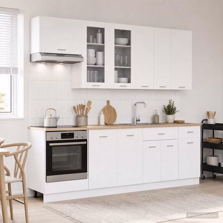 Unità cucina moderna vidaXL LYON composta da 8 pezzi in bianco opaco con ante in vetro e cassetti interni in MDF