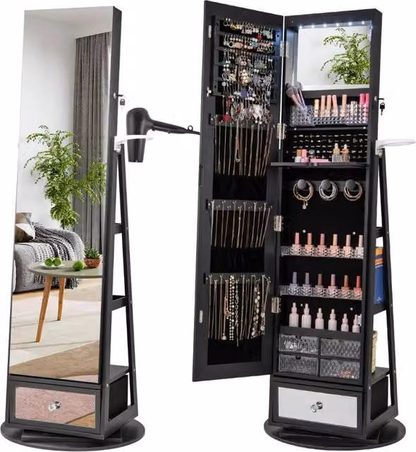 Armadietto portagioie Design Mania con specchio lungo, luci LED e serratura, Nero