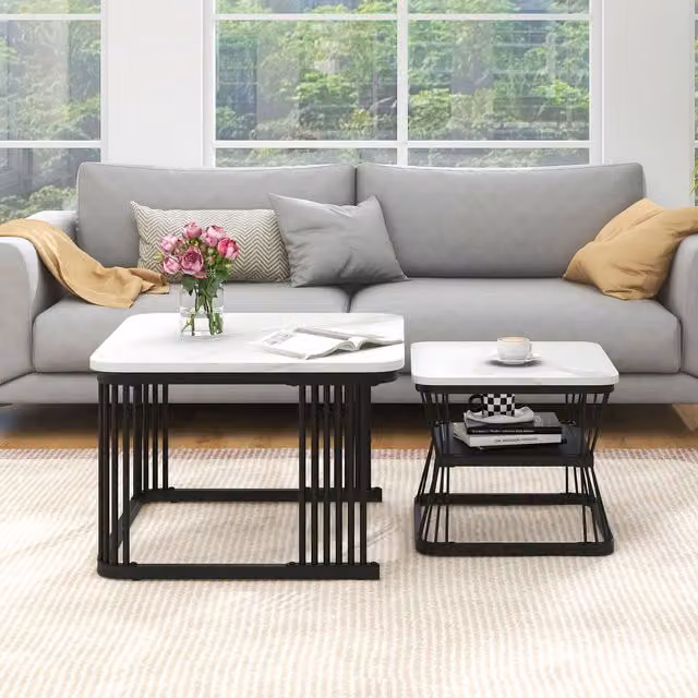 Set di 2 Tavolini Moderni Aosom con Piano Quadrato Effetto Marmo e Struttura in Metallo, Bianco e Nero