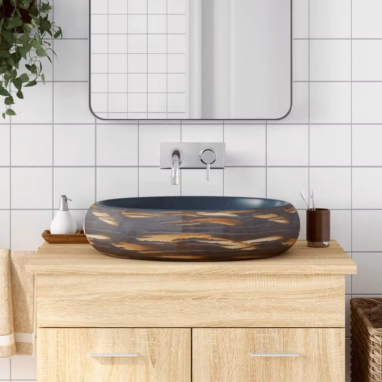 Lavabo da appoggio ovale in ceramica vidaXL, multicolore marrone e blu, L: 59 cm, P: 40 cm, H: 15 cm