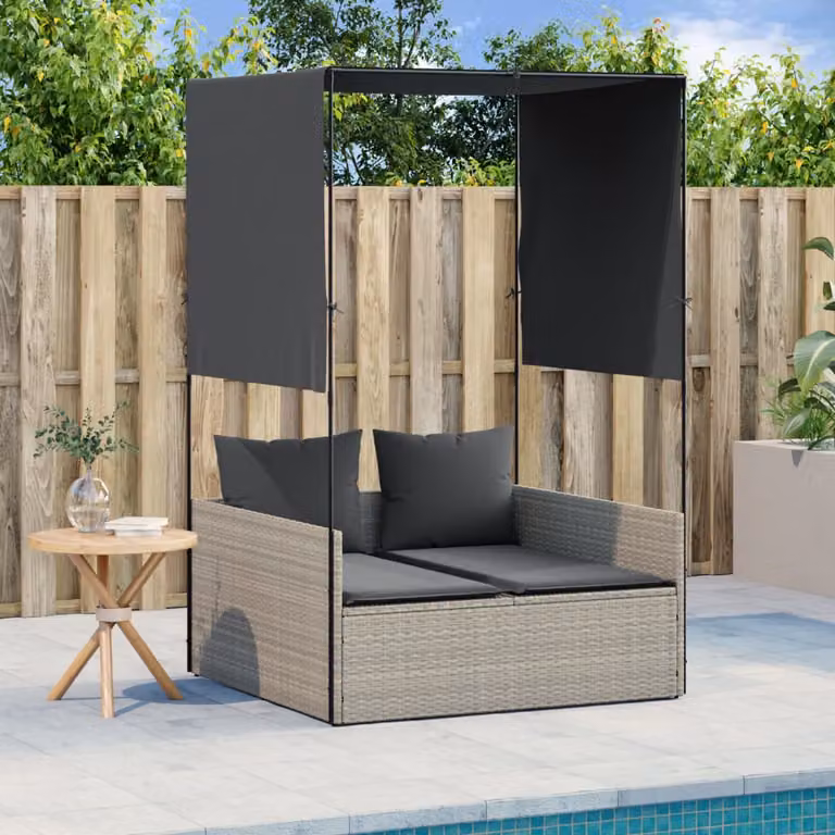 vidaXL Lettino Prendisole con Tetto e Tende in Polyrattan Grigio Chiaro
