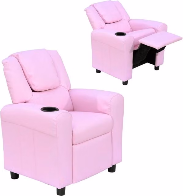 Poltrona relax reclinabile per bambini Xylo con poggiapiedi, colore rosa, struttura in legno e tessuto