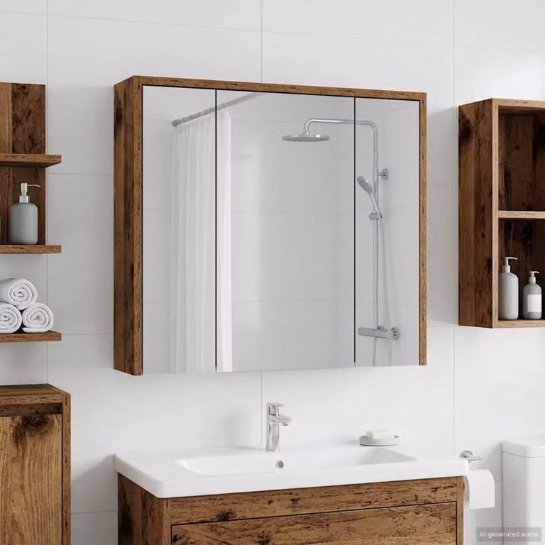 vidaXL Mobiletto per specchio da bagno in legno effetto vecchio marrone con specchio e ripiani interni, sospeso, L/P/H: 63,5 x 16,0 x 62,5 cm