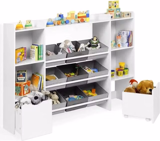 IDMarket Contenitore per bambini MANA bianco e grigio con 7 ripiani, 6 contenitori in tessuto e 2 cubi su rotelle