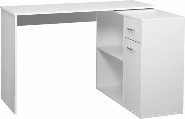 Scrivania angolare girevole HOMCOM con libreria, cassetto e armadietto, Bianco, L 117 x P 82 x H 74 cm