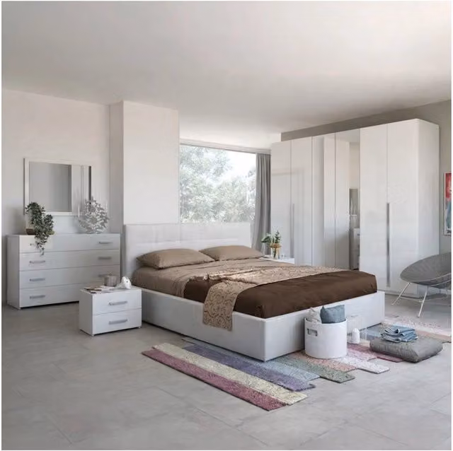 Completa camera da letto moderna Nerano in bianco laccato con armadio, letto con base contenitore, comodini, cassettiera e specchio