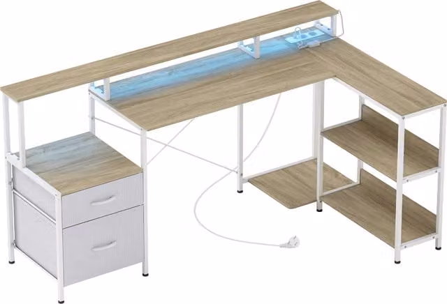 Scrivania Angolare per Computer HOMCOM con Luci LED RGB, Prese Integrate, Supporto per Schermo e 2 Cassetti, Bianco