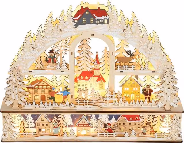 Villaggio di Natale luminoso HOMCOM con 20 LED, decorazione animata ad arco in legno naturale multicolore, L 45 cm x P 10 cm x H 35 cm