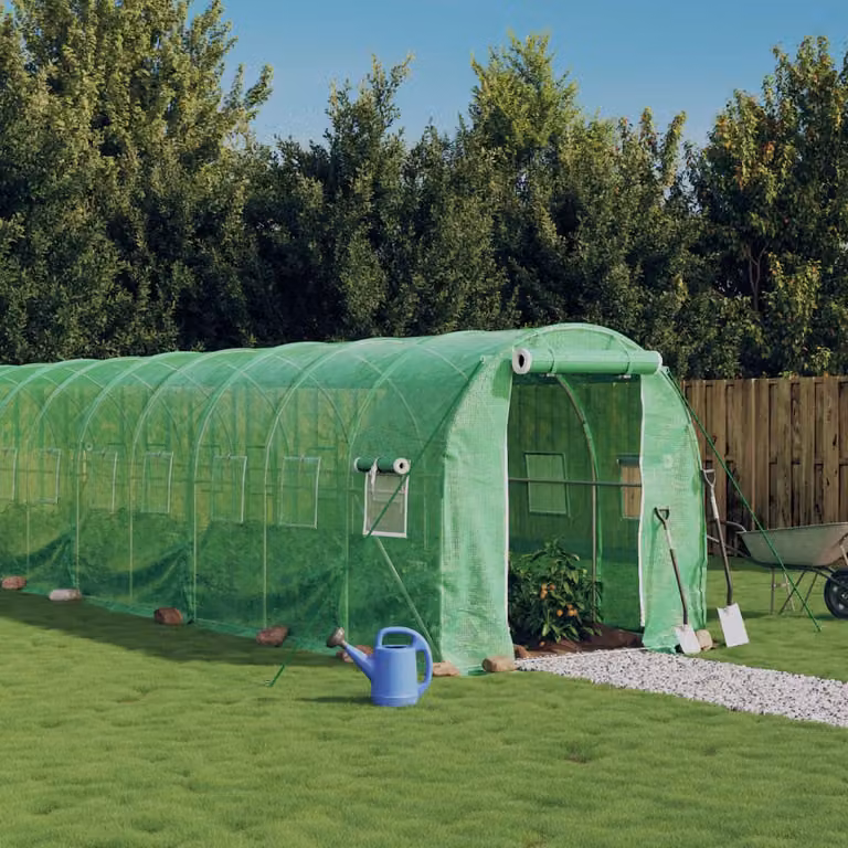 Serra vidaXL con telaio in acciaio galvanizzato verde e copertura in policarbonato, L: 14 m, P: 2 m, H: 2 m
