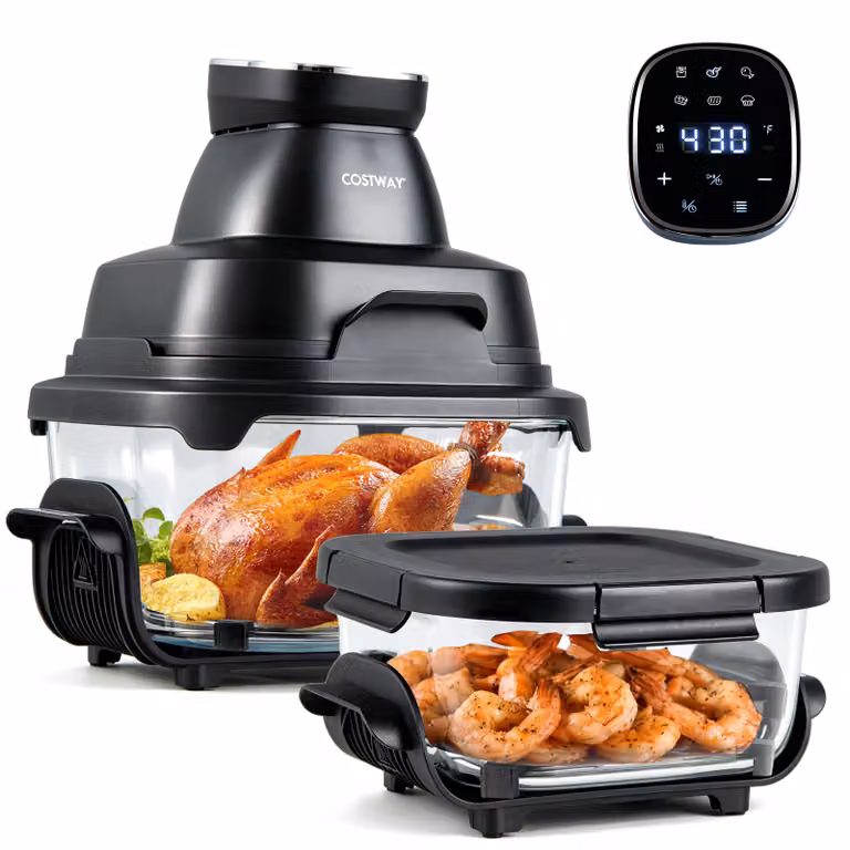 Friggitrice ad aria Costway da 4 L con 2 contenitori in vetro e griglie rimovibili, 1500 W, Nero