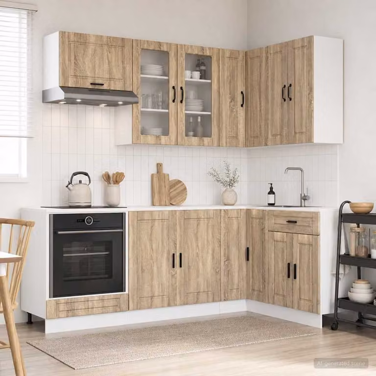 Unità cucina moderna vidaXL PORTO composta da 8 pezzi in legno ingegnerizzato Rovere Sonoma, colore marrone, con ante in vetro e scaffali aperti