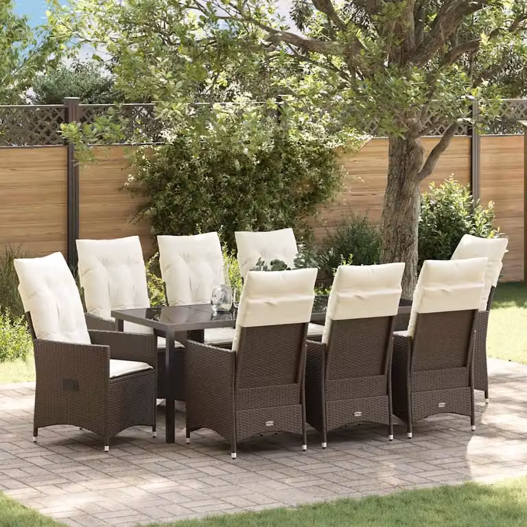 Set da pranzo per giardino e terrazzo vidaXL in polyrattan marrone con tavolo in vetro, 9 pezzi
