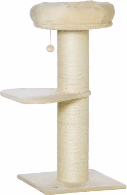 Tiragraffi per Gatti PawHut con Palo in Sisal, Cestino e Pallina Sospesa, in Peluche, Beige, Altezza: 105 cm